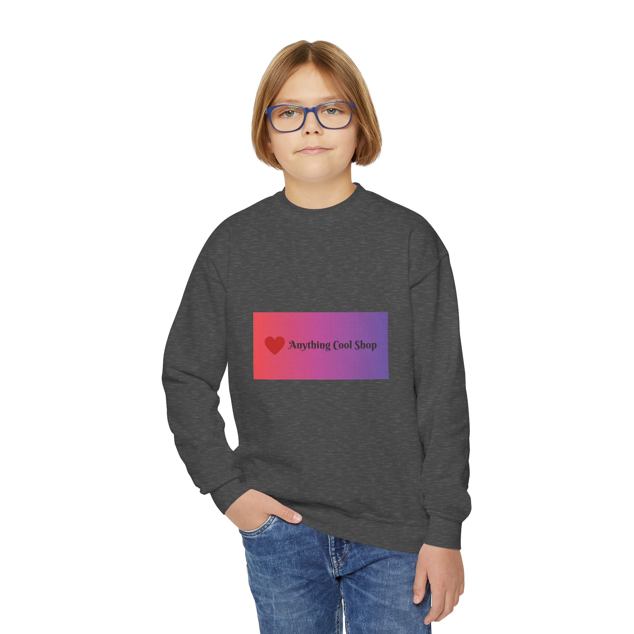 Youth Sweatshirt — “Anything Cool Shop” Gradient Heart Crewneck