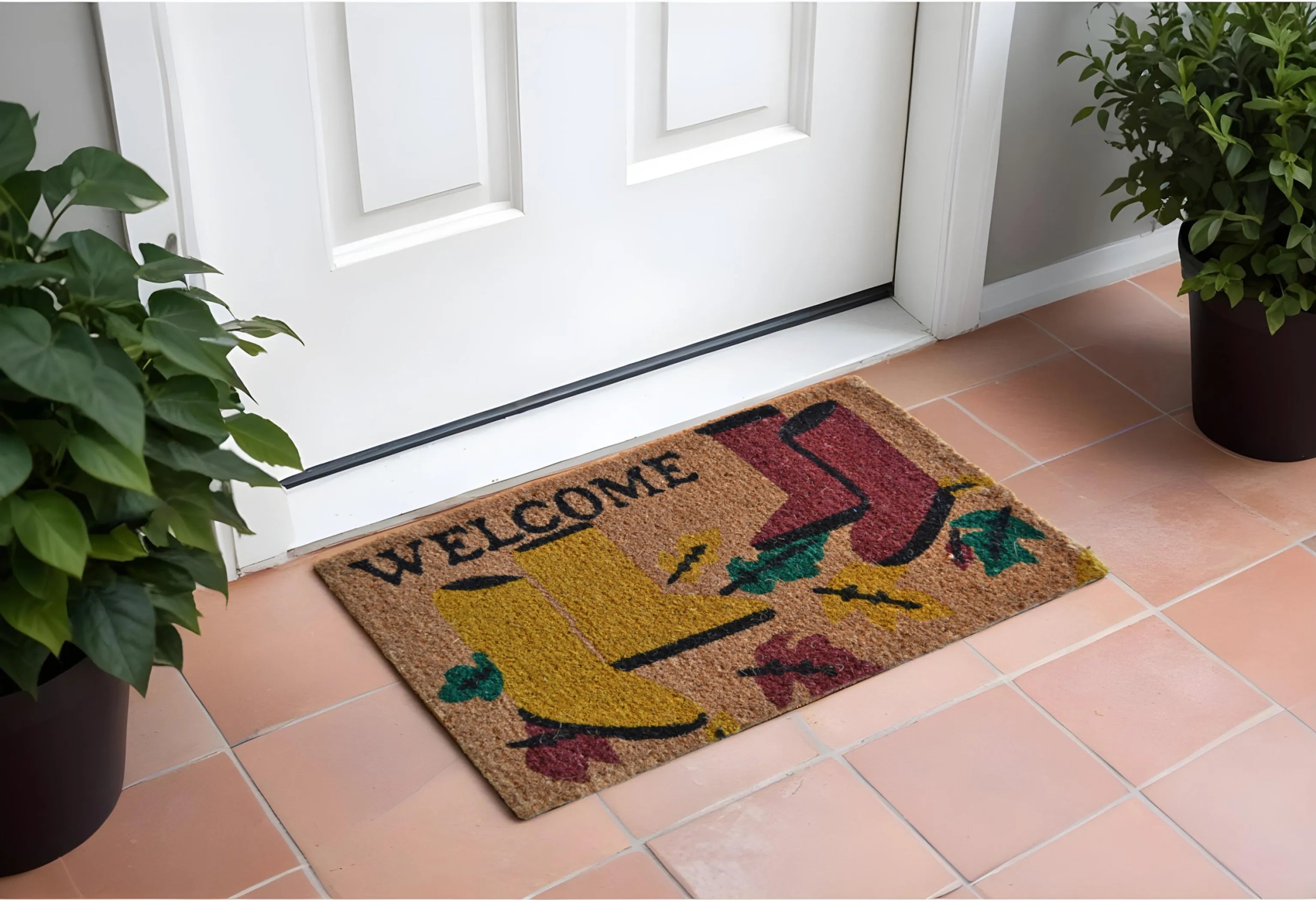 18" X 30" Brown and Red Coir Leaves Welcome Outdoor Spring Door Mat