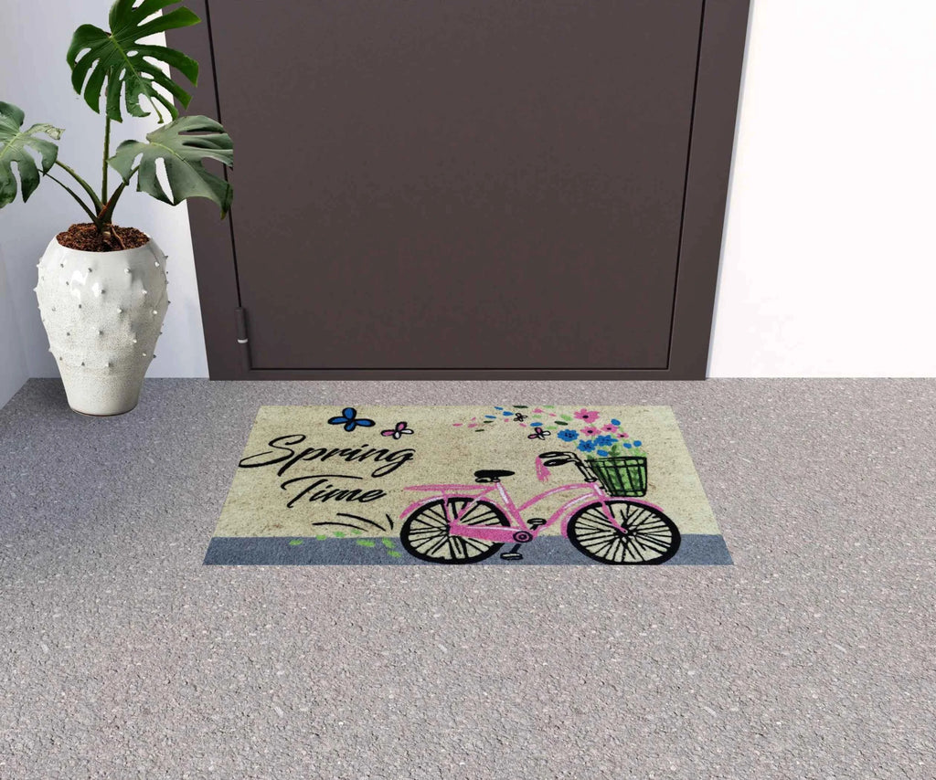 18" X 30" Beige and Black Coir Bicycle Outdoor Spring Door Mat