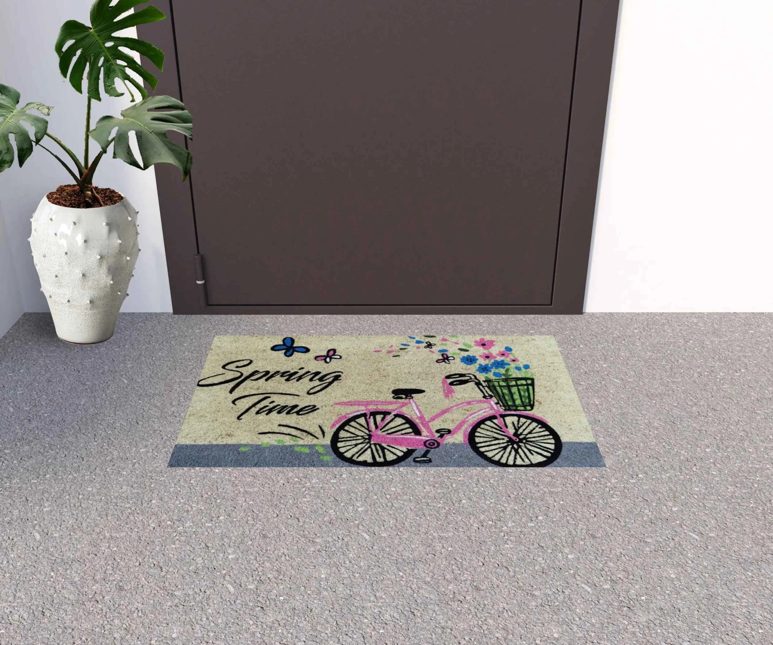 18" X 30" Beige and Black Coir Bicycle Outdoor Spring Door Mat