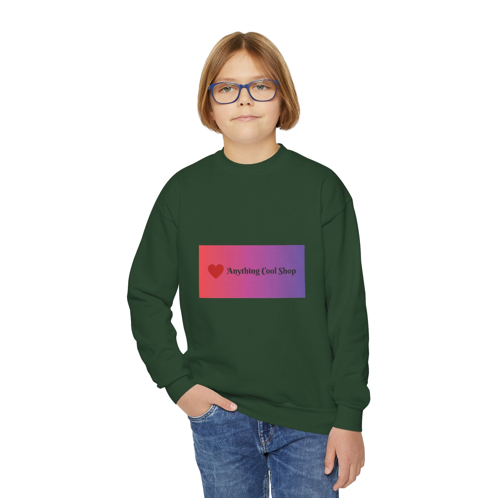 Youth Sweatshirt — “Anything Cool Shop” Gradient Heart Crewneck