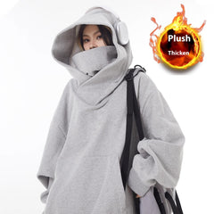Loose High Collar Fleece Lined Hoodie